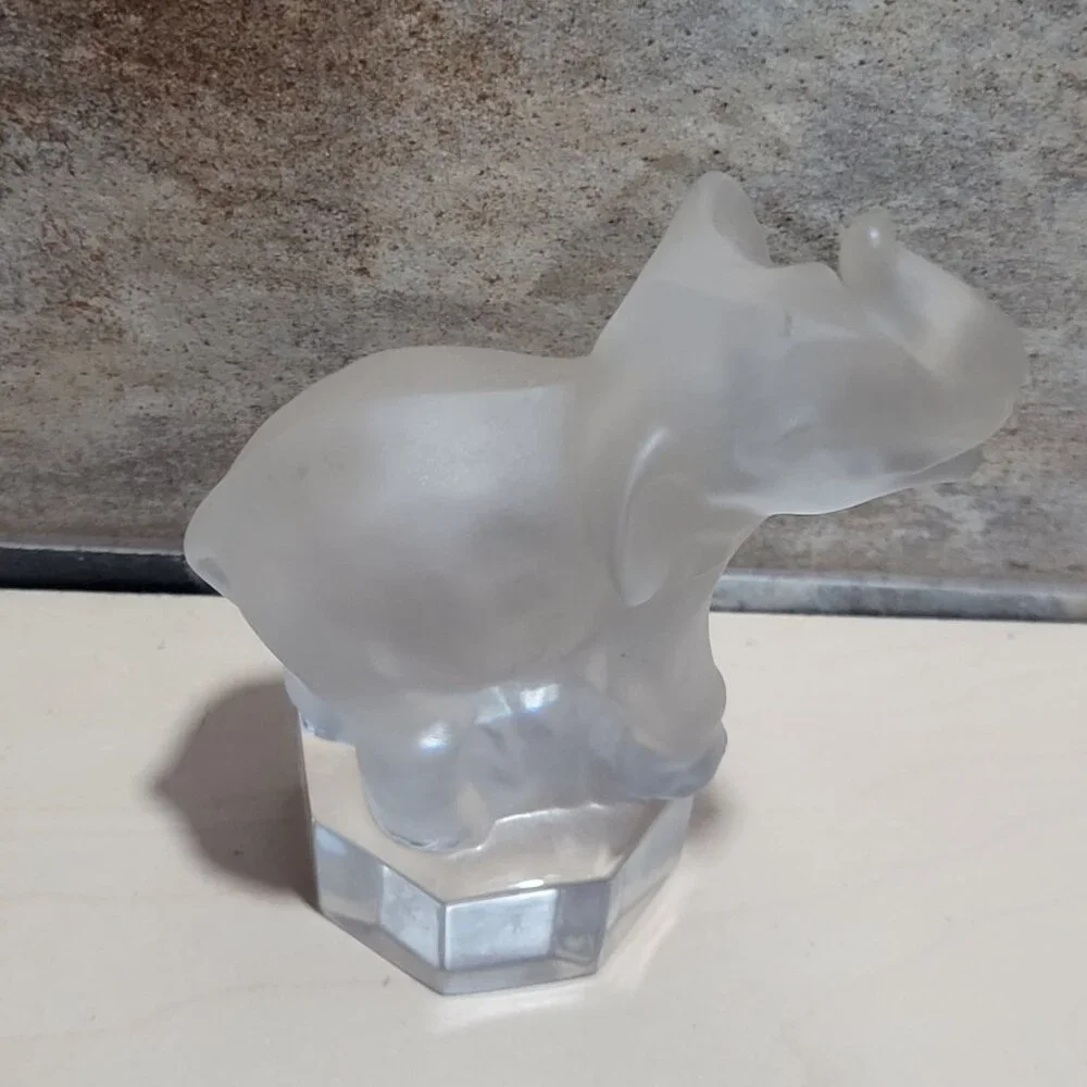 Vintage Goebel Frosted Crystal Elephant Paperweight On Pedestal Figurine